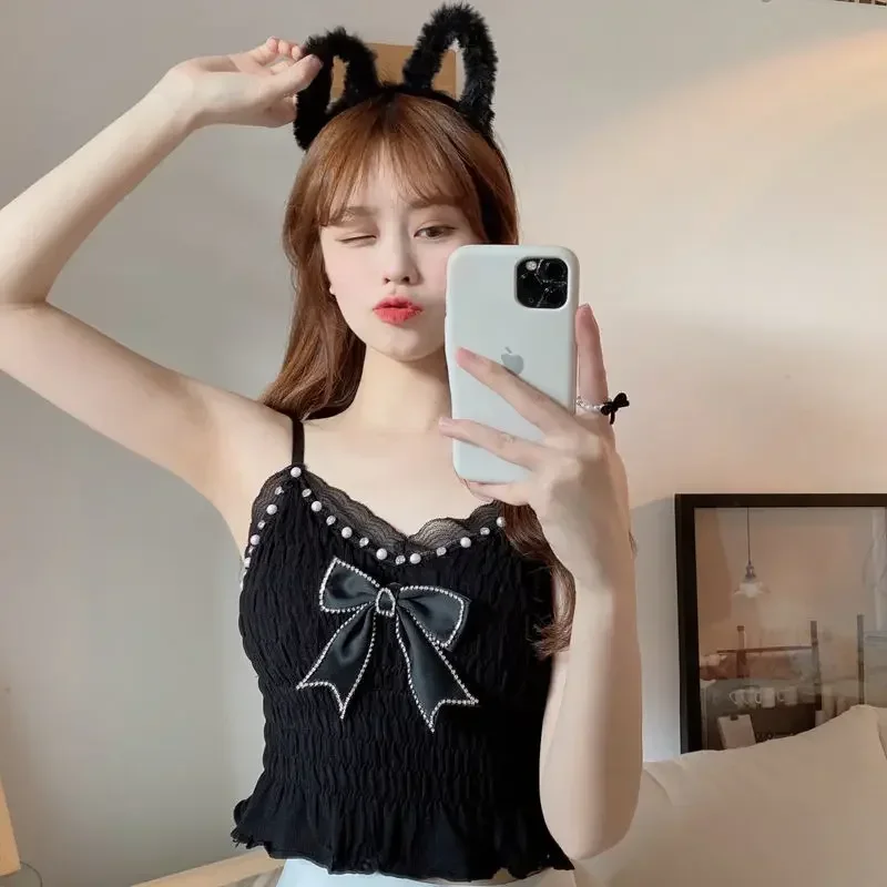 قميص قصير نسائي بتصميم فيونكة كلاسيكية على الطراز الفرنسي أنيق جمالي كلاسيكي كاجوال نسائي صيفي أنيق محاصيل نحيفة بدون أكمام شعبية #3