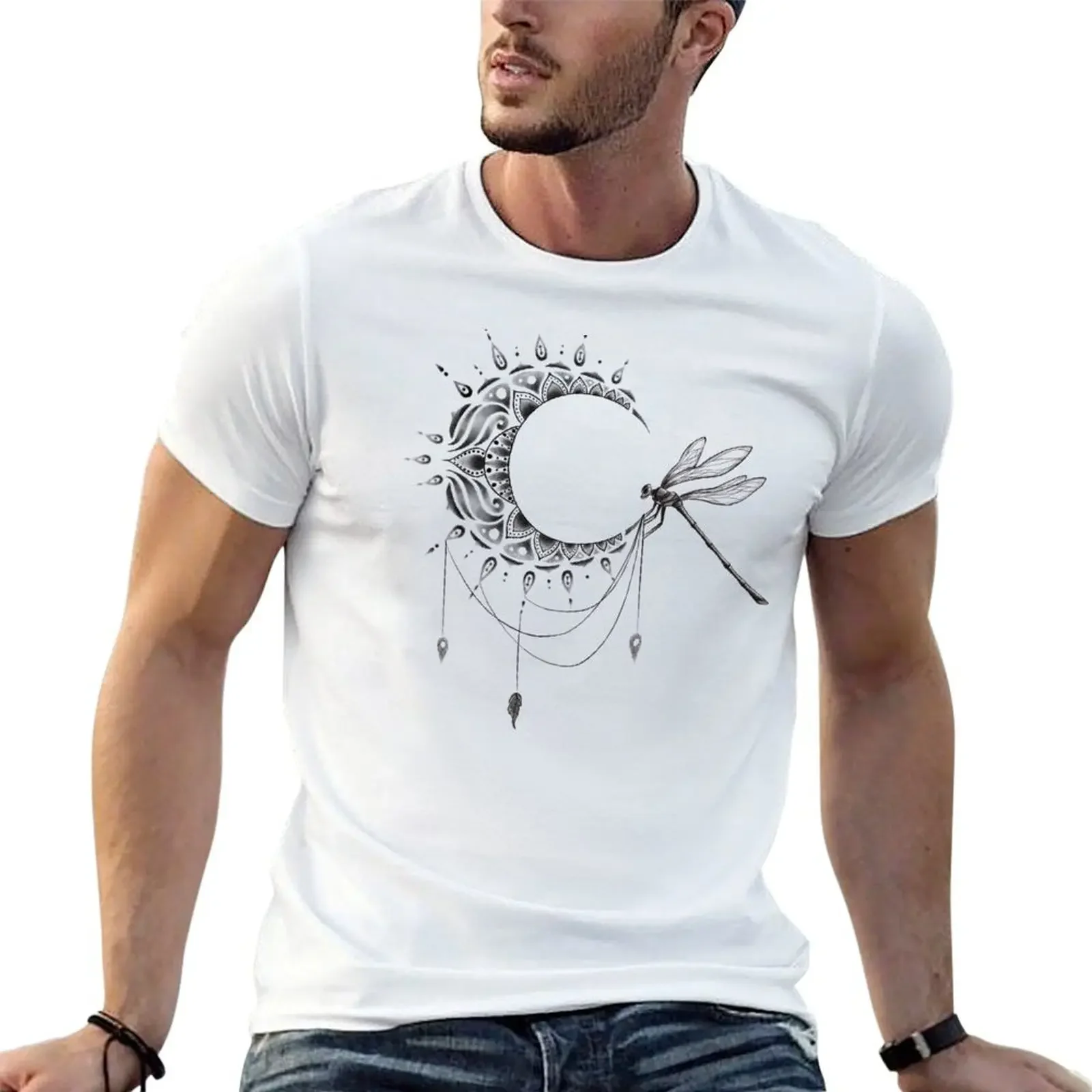 Intricate Half Crescent Moon with Dragonfly Tattoo Design T-Shirt shirts graphic tee summer clothes mens clothing