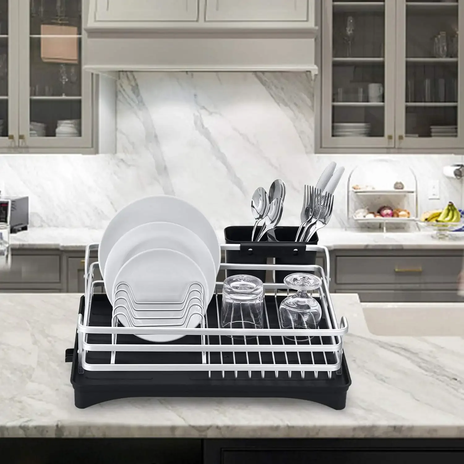 

Silver Aluminum Dish Rack with Cutlery Holder & Removable Drainer Tray - Rustproof Drying Rack for Kitchen Sink.