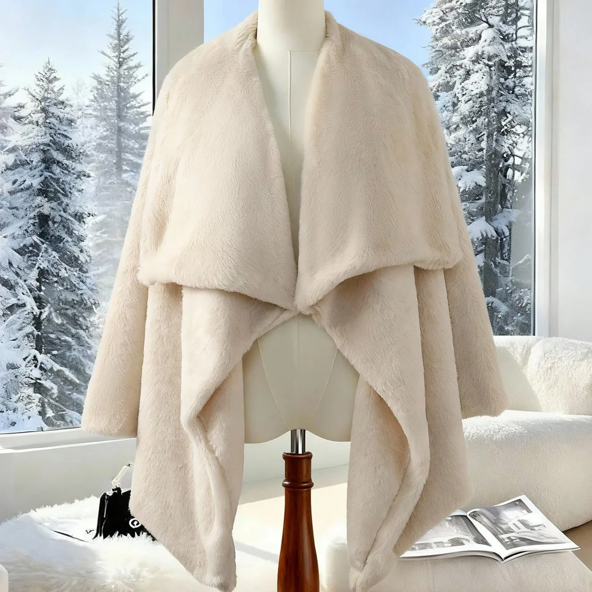 IG Women Faux Fur Cape Coat, Large Lapel Collar Open Front Poncho, Winter Warm Fluffy Shawl Cloak Elegant Party Outerwear