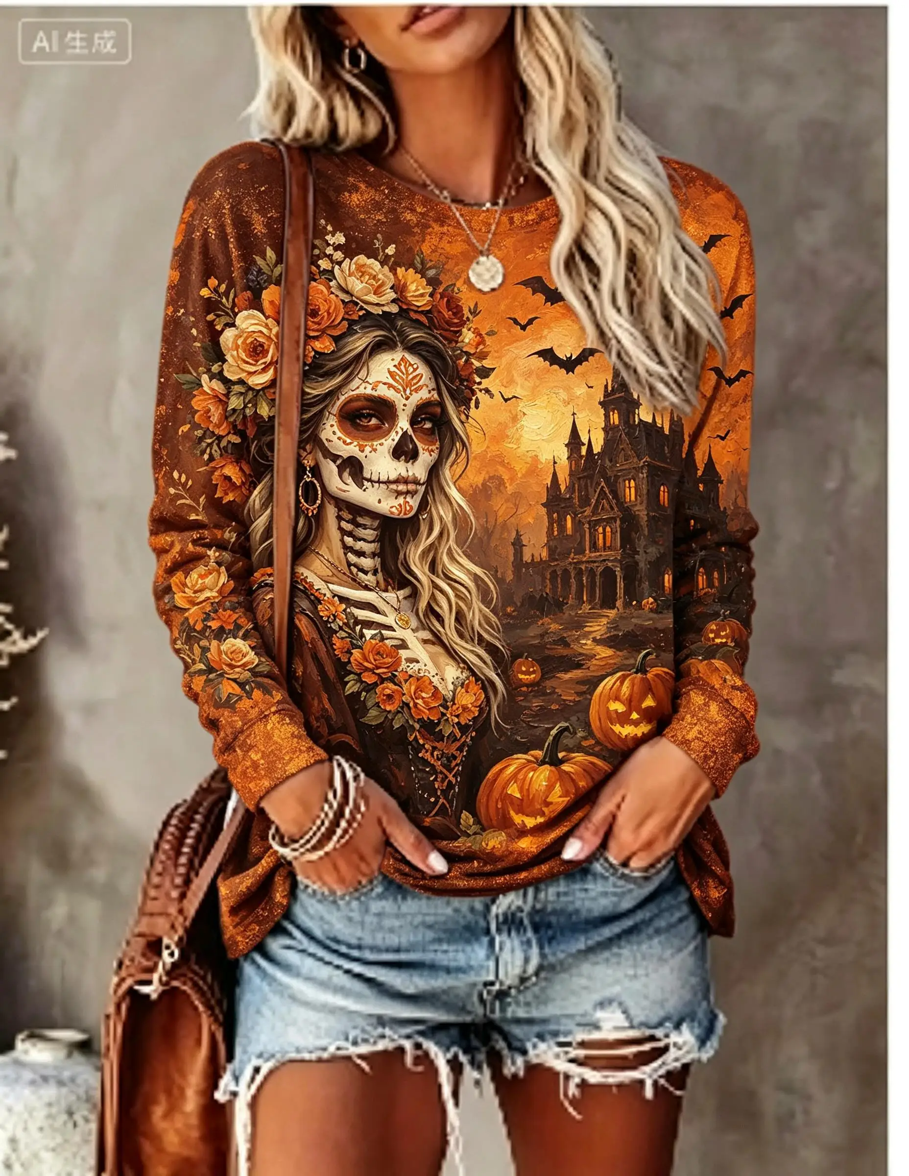 Women's Halloween Top Orange Yellow Sugar Skull Catrina Pumpkin Long Sleeve