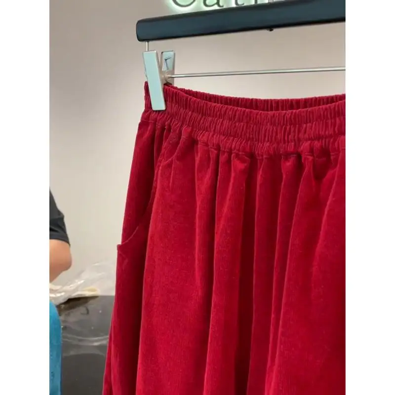Red Corduroy Wide Leg Pants Women's 2025 Autumn Popular New High Waist Skinny Elastic Waist Fashion Casual Pants