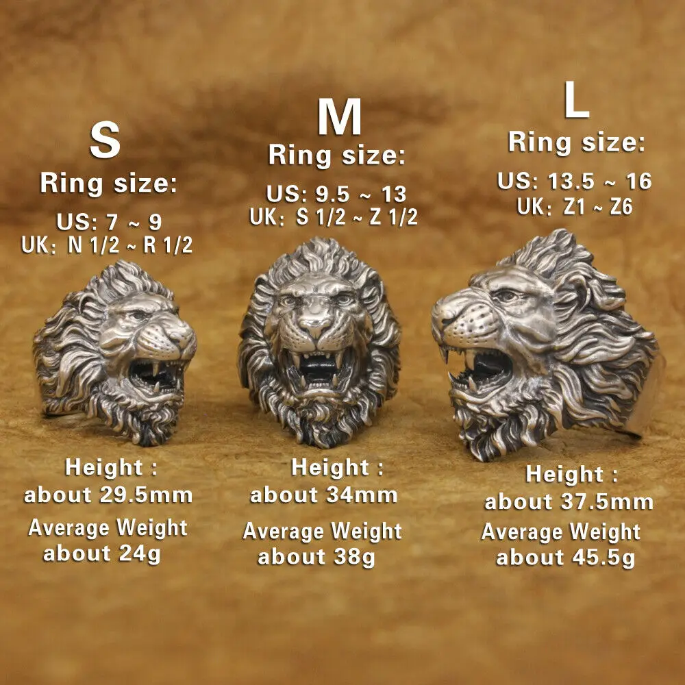 LINSION 925 Sterling Silver Roaring Lion Ring Mens Punk Ring TA385 US Size 7~16