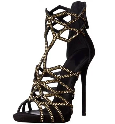 

Black Gold Crystal High Heel Sandals Cover Heel Cut-Out Cross Strap Summer Dress Shoes Women Designer Pumps