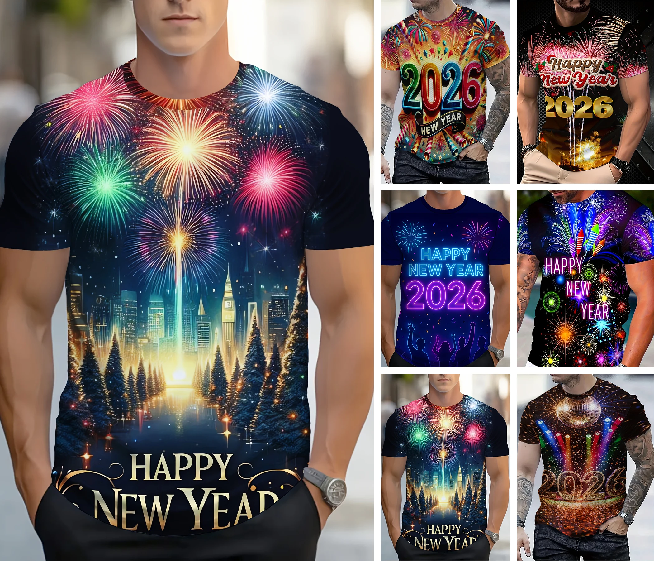 

﻿ Men'S Casual Short Sleeve TShirt Festive New Year'S Eve Cityscape Print Oversized Tee Christmas New Year's Eve Costume Tee Top