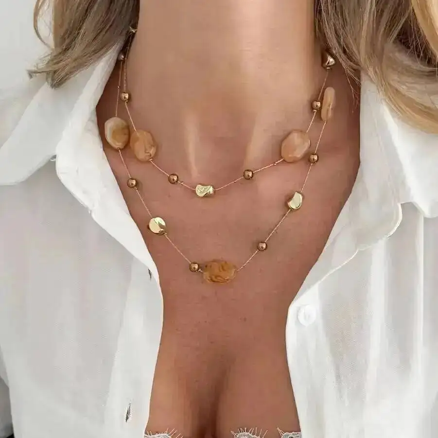 

SHIXIN Bohemian Colorful Irregular Acrylic Resin Bead Necklace Women Retro Charm Doublelayer Copper Chain Sweater Choker Jewelry