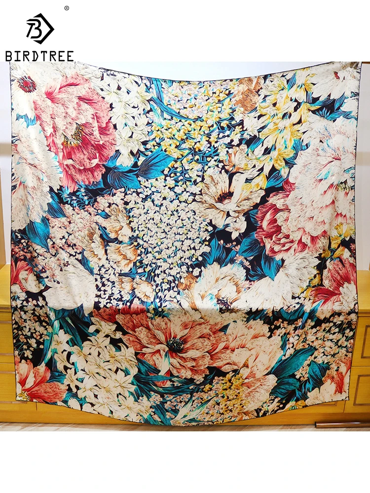 BirdTree 100%Real Silk Square Scarf,Floral Printing Hand Crimping,Comfortable Mom's Gift Temperament Shawl,2024 Spring A41718QD