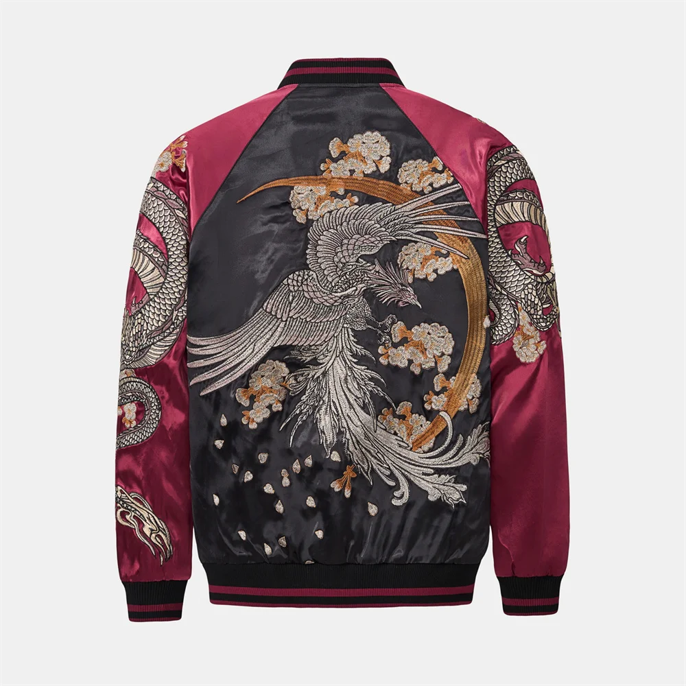 

Japanese Style Dragon Embroidery Souvenir Yokosuka Bomber Coat Autumn Men's Red Baseball Jacket