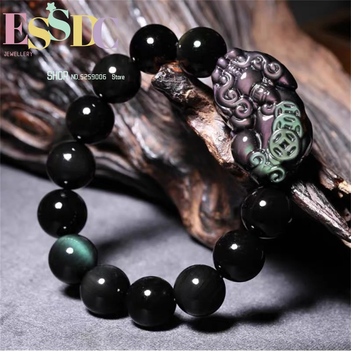 Natural Rainbow Eye Obsidian Mythical Wild Animal Hand String Sanqian Single Circle 10-16mm Male And Female Bracelets Jewellery