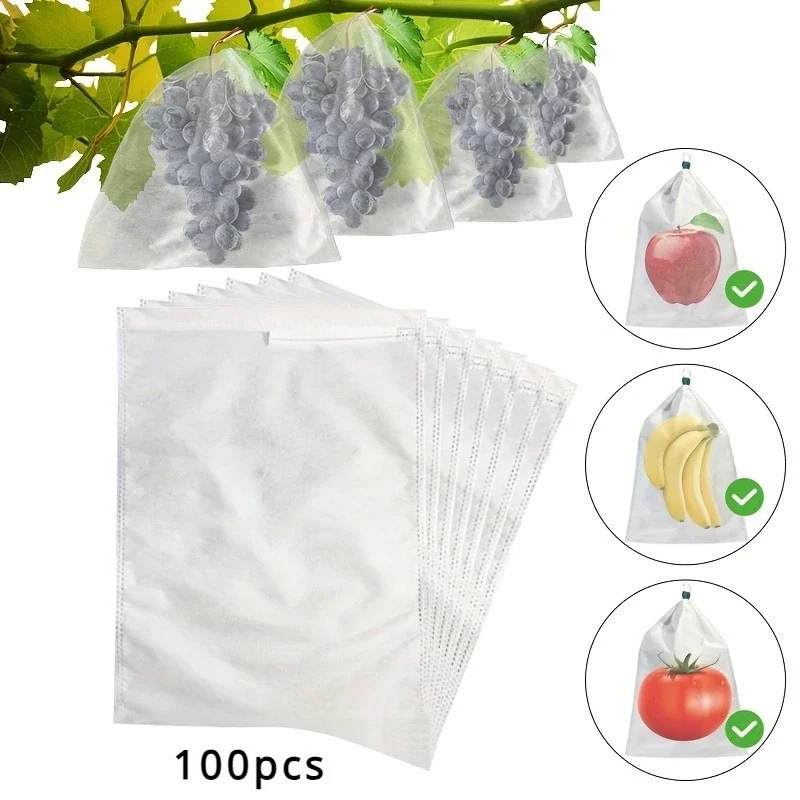 

100 white mesh fruit and vegetable protection bags - durable PP/TPE non-woven insect, rain, bird protection coverage - suitable