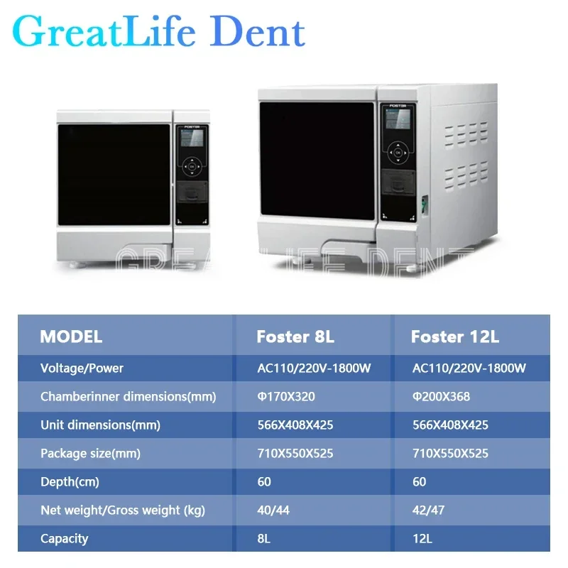 GreatLife Dent Dental Class B Autoclave FOSTER PLUS 8L 12L Surgical Autoclave Steam Sterilizer Disinfecting Cabinet