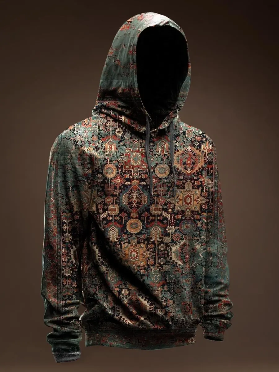 Vintage Pattern Printed Casual Hoodie Sweatshirt Men's Pullover Tops
