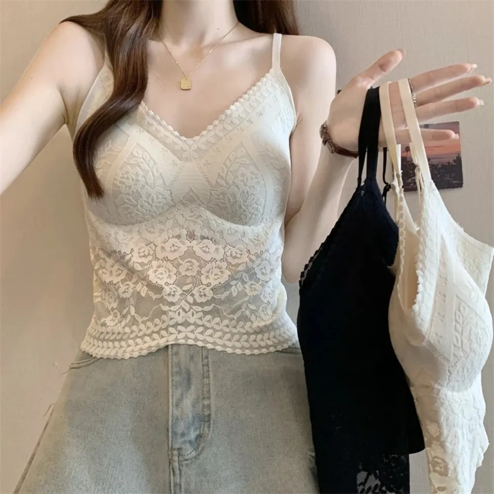 Fashion Built-In Chest Pad Lace Vest Slim Fit Beauty Back V-Neck Tank Top Seamless Wire-Free Tank Women Wear