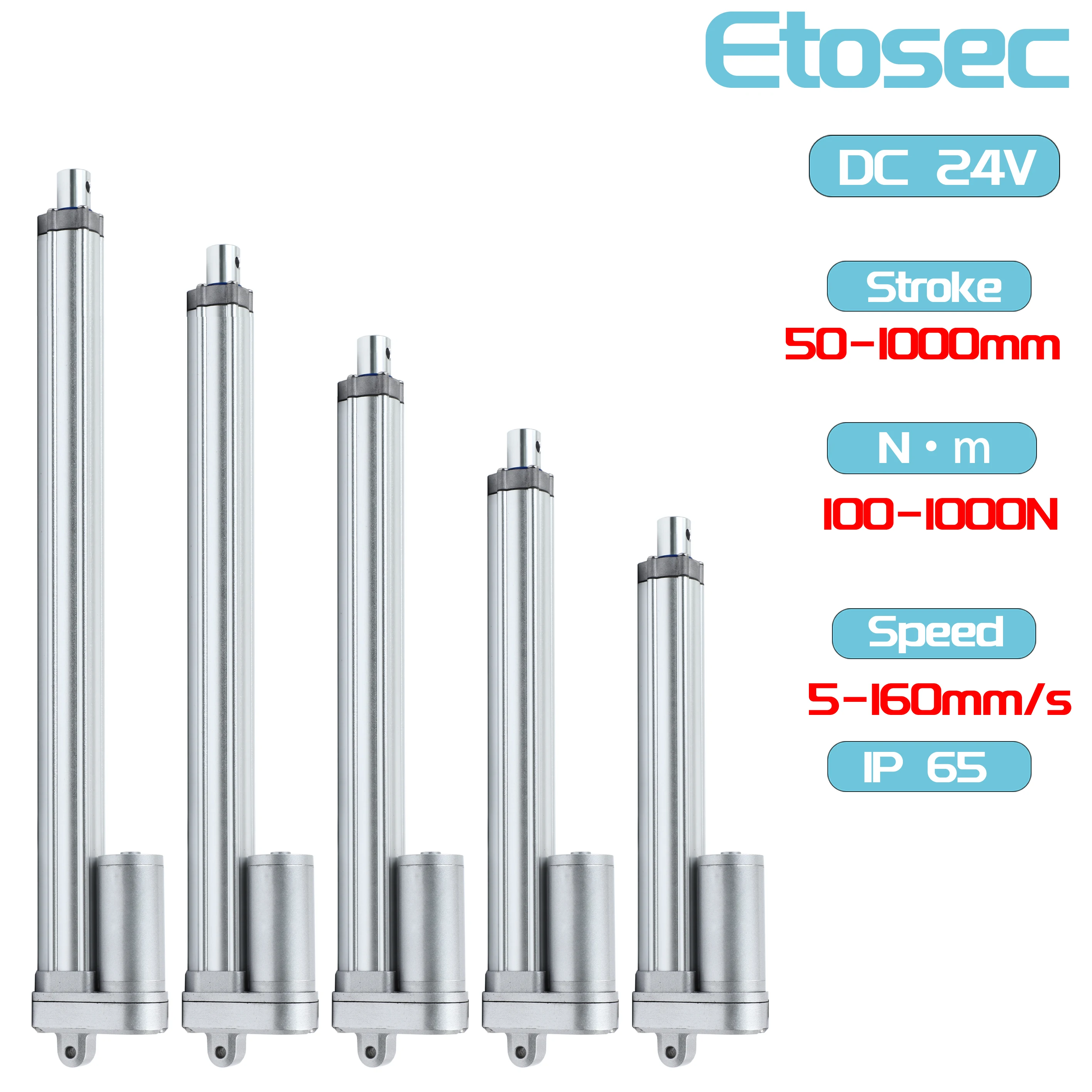 Etosec IP65 Waterproof 24V Linear Actuator 2000N 150mm 450mm 550mm 800mm 950mm 1000mm Solar Tracker Motorisation Motor 160mm/s