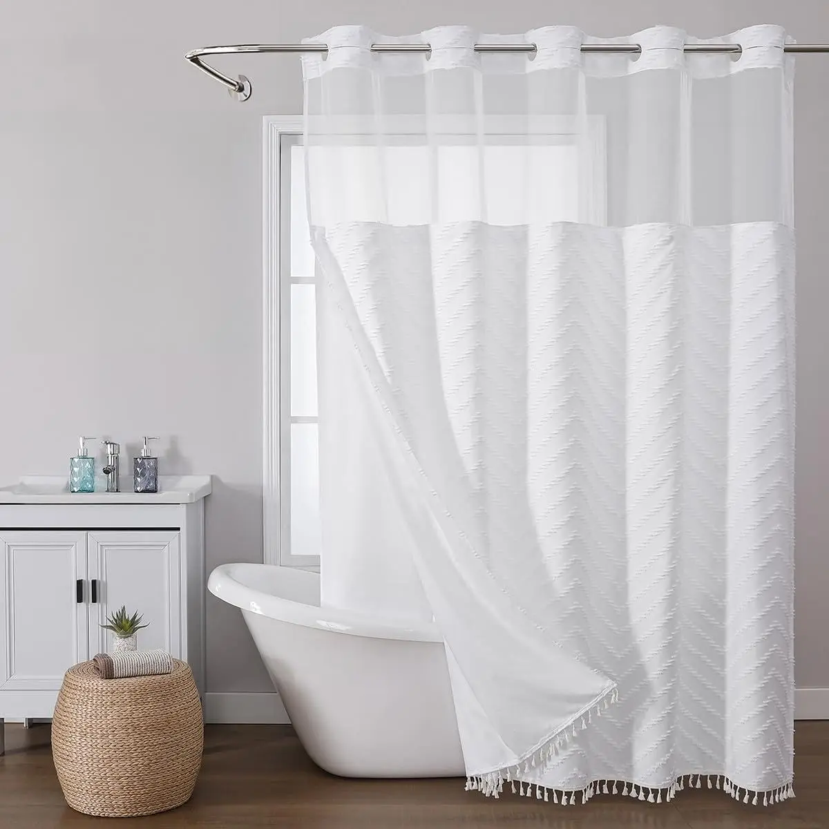 

No Hook Shower Curtain Liner Set, Snap in Shower Curtain with Tassels, Ringless Chevron Tufted Fabric Boho Bathroom C