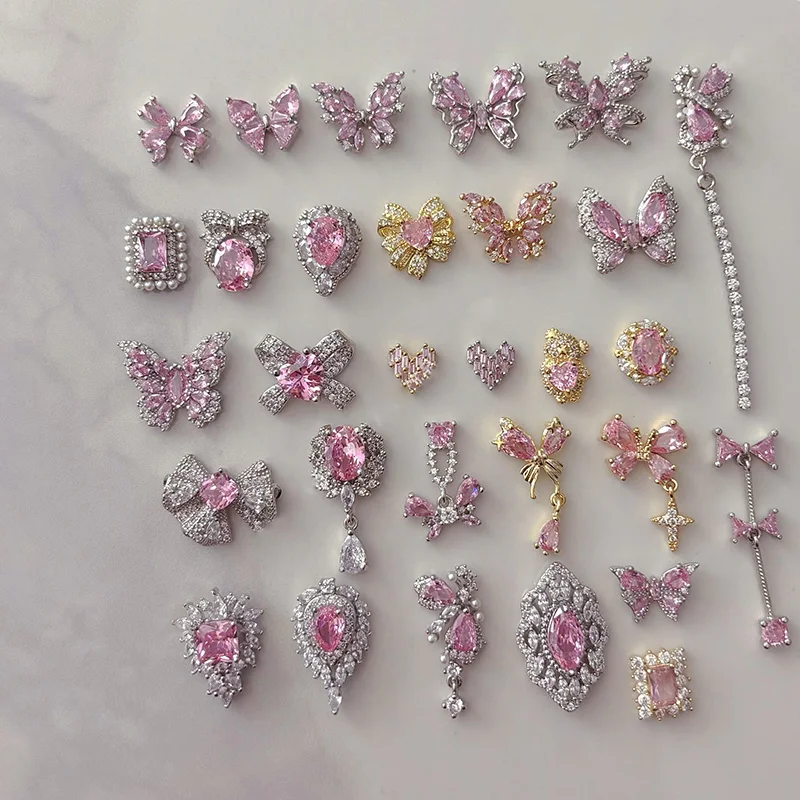 5pcs Pink Bow Zircon Nail Art Jewelry Set Light Luxury Hot Style for Fingernails Women's Fashion Accessory