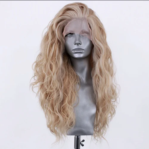 Imagen 2 del producto AIMEYA peluca con malla frontal sintética rubia ondulada larga para mujer, pelucas de encaje de estilo a la moda, peluca de fibra resistente al calor con parte libre para Cosplay