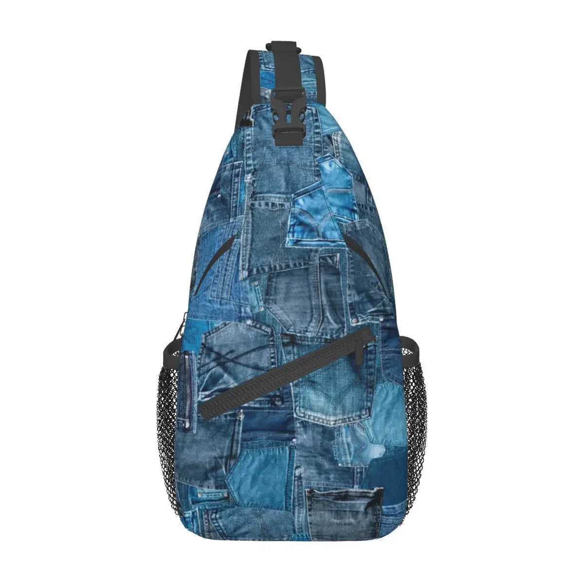 Blue Denim Jeans Pocket Crossbody Sling Bag Casual Chest Bag Patchwork Shoulder Backpack Daypack Travel Hiking Sports Bookbag