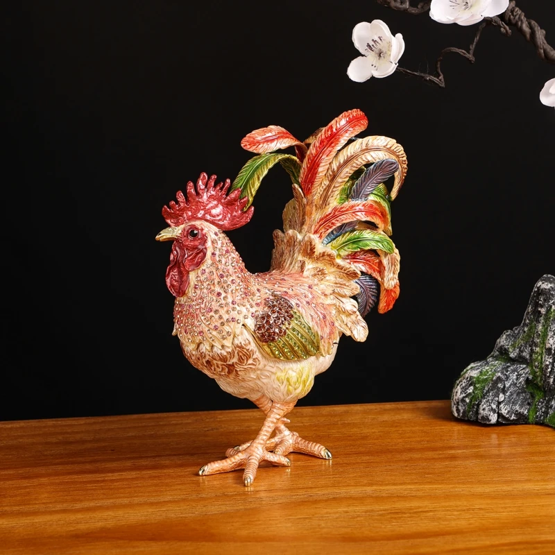 SHINNYGIFTS Metal Crafts Feng Shui Big Size Animal Enamel Rooster Trinket Box Home Decorative Home Decorative