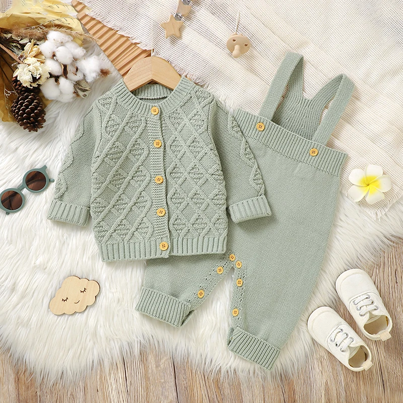 Newborn Baby Clothes Set Knit Infant Girl Boy Sweater Long Sleeve+Sling Romper Autumn Child Cardigan +Jumpsuit 2PC Fashion Solid