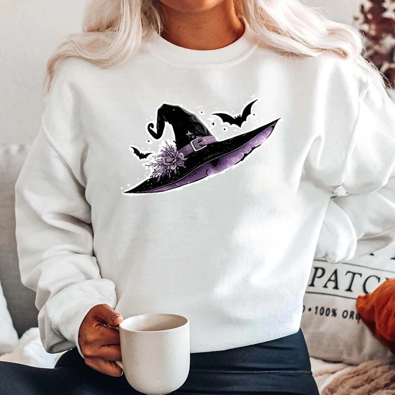 Halloween Witch Hat Print Hoodless Sweatshirts Women Halloween Round Neck Pullovers Ladies Casual Pure Color Plus Size Pullovers