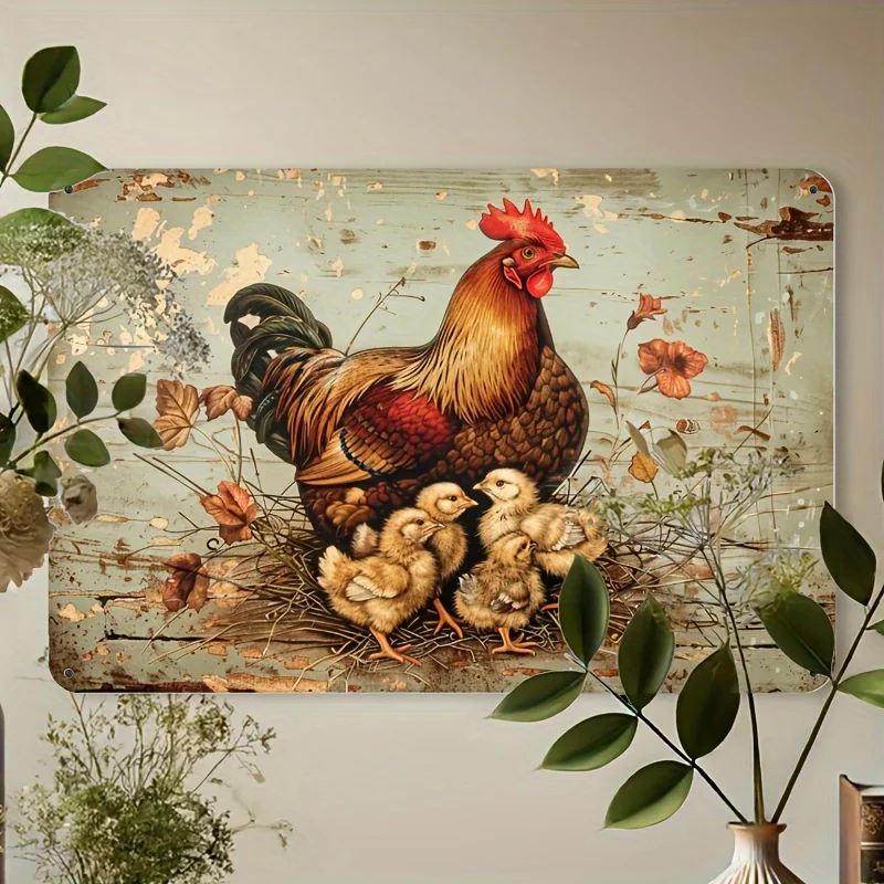 Wanddekoration im Landhausstil aus Metallblech – Rustikale Henne und Küken, Bauernhaus-Dekor mit Blumenakzenten, Vintage Retro zum Aufhängen