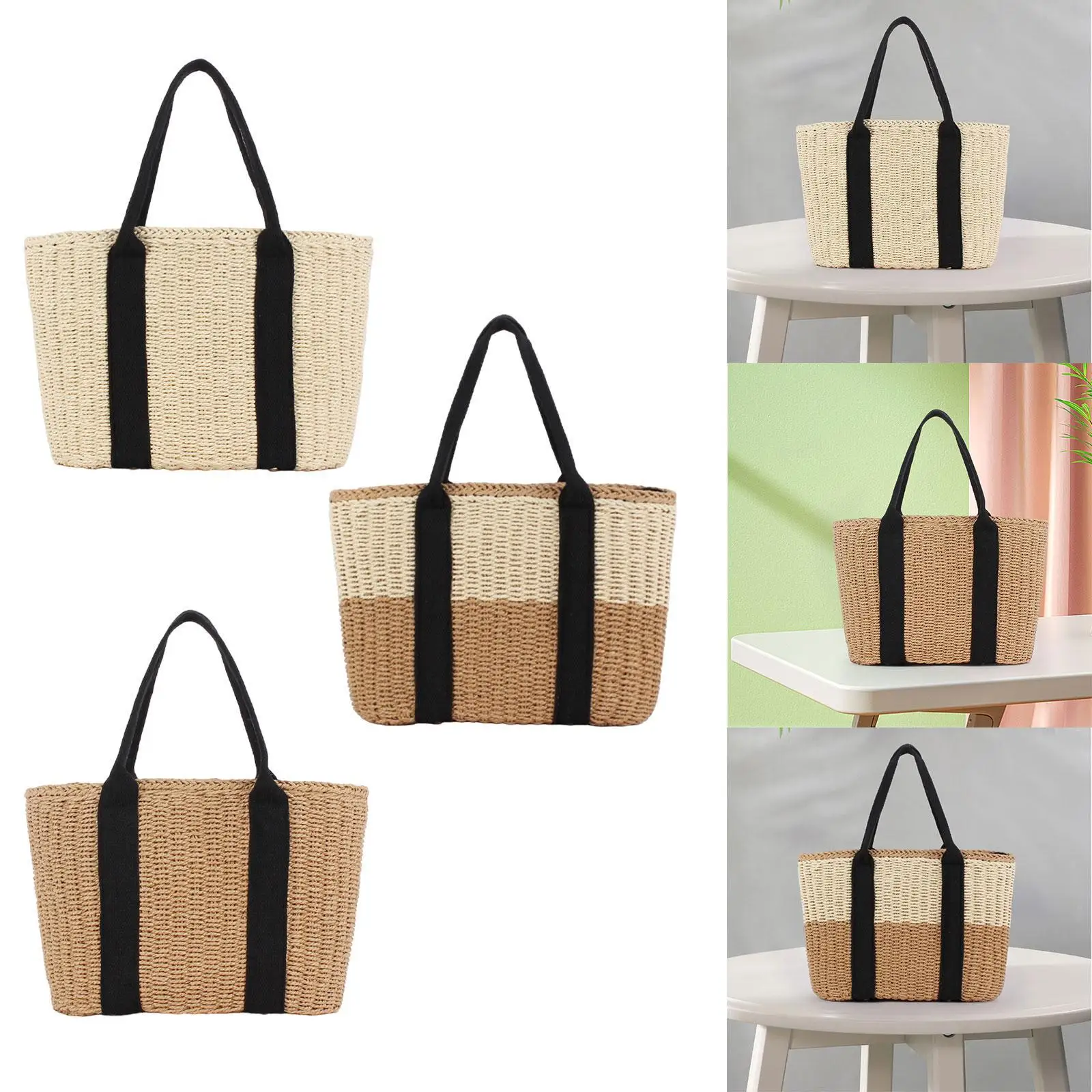 Hand Weaving Shoulder Bag Shopping Bag Handmade Versatile Solid Portable Weekend Bag for Summer Travel Camping Daily Beach