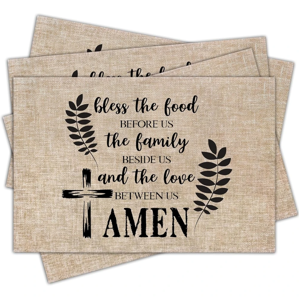 Christian Placemats Set of 4 12x18 Inch Kitchen Inspirational Table Mats, Bless The Food Before Us Table Decor, Religious