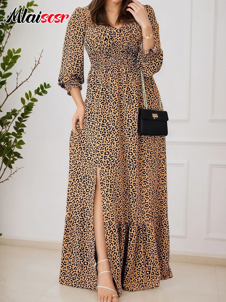 Mlaiscsr Abito a maniche lunghe con scollo a V con stampa leopardata per le donne Sexy allentato a vita alta con spacco Elegante festa di compleanno Boho Fashion Vestido