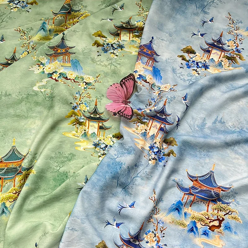 L100cm X W150cm Chinese Style Spring Swallow Cloud Pavilion Printing Jacquard Brocade Fabric Dress Qipao Hanfu Craft Wholesale