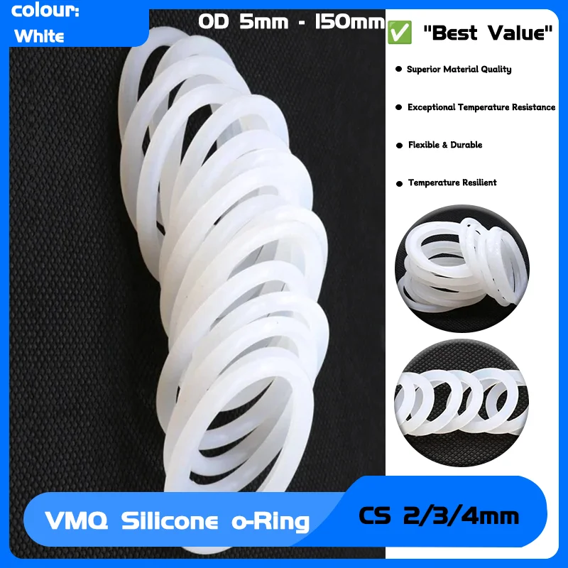 

Food Grade VMQ O Ring Gasket Thickness 2/3/4mm OD 5mm - 150mm Sealing Waterproof Washer Round O Shape Silicone Ring 10pcs White