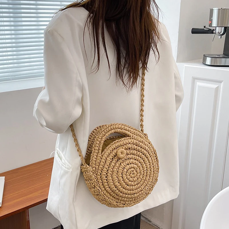 Round Straw Crossbody Bag Handmade Woven Shoulder Bag For Women Summer Beach Bag Bohemia Travel Small Handbag and Purse