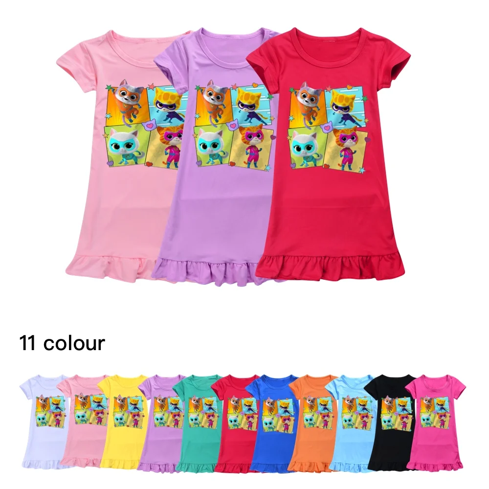 

Game Super Kitties Dress Kids Pajamas NightDress Children Cartoon Summer Nightgown Daily Wear Baby Girls Short Sleeve Sleepwear