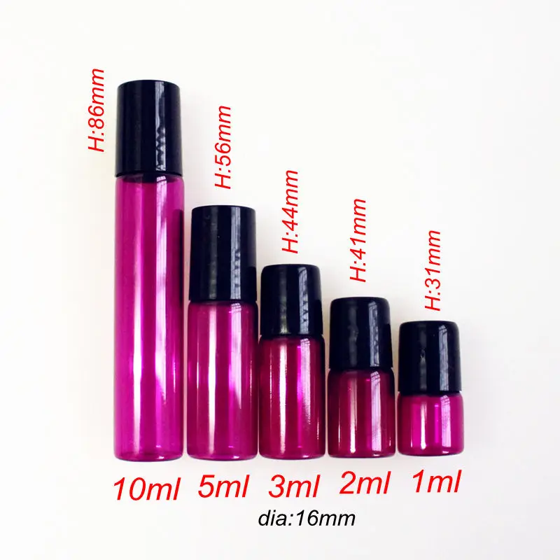 50pcs/lot 1ml 2ml 3ml 5ml 10ml Colorful Perfume Roll on Bottle with Glass/Metal Ball Roller Doterra Essential Oil Vials Thin