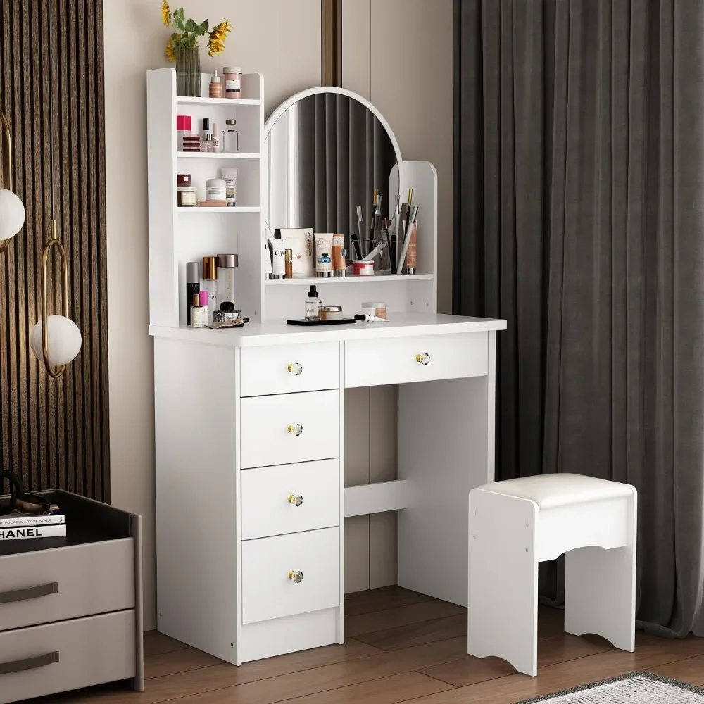 Vanity Desk Set with Round Mirror, Makeup Dressing Table with 5 Drawers, Storage Shelves & Cushioned Stool for Bedroom, White