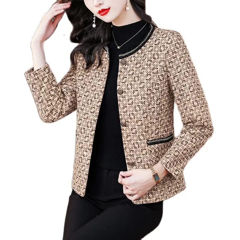 

2022 Autumn/Winter New Plaid Suit Jacket Female Mother Short OL Long Sleeve Outwear Blazers