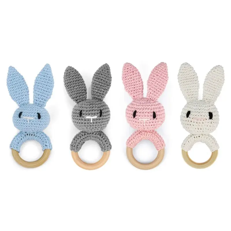 2023 Crochet Wooden Ring Baby Teether Animal Rattle Chewing Teething Nursing Soother Molar Infant Toy Accessories