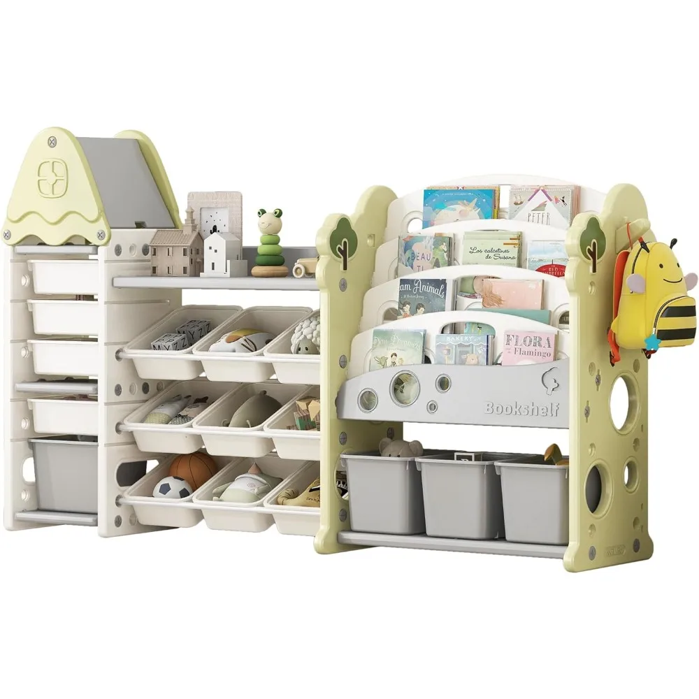 

Toy Storage Organizer with Kids Bookshelf, Toy Organizer with 17 Bins and 5-Tier Bookshelf for Kids Bedroom Playroom Living Room