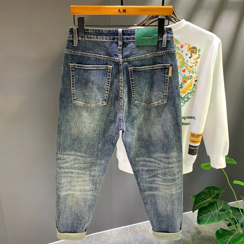 

High Street Retro Blue Men's Jeans Men's Spring and Autumn Loose Trendy Ankle-Tied Harem Pants Stretch All-Matching Daddy Pants