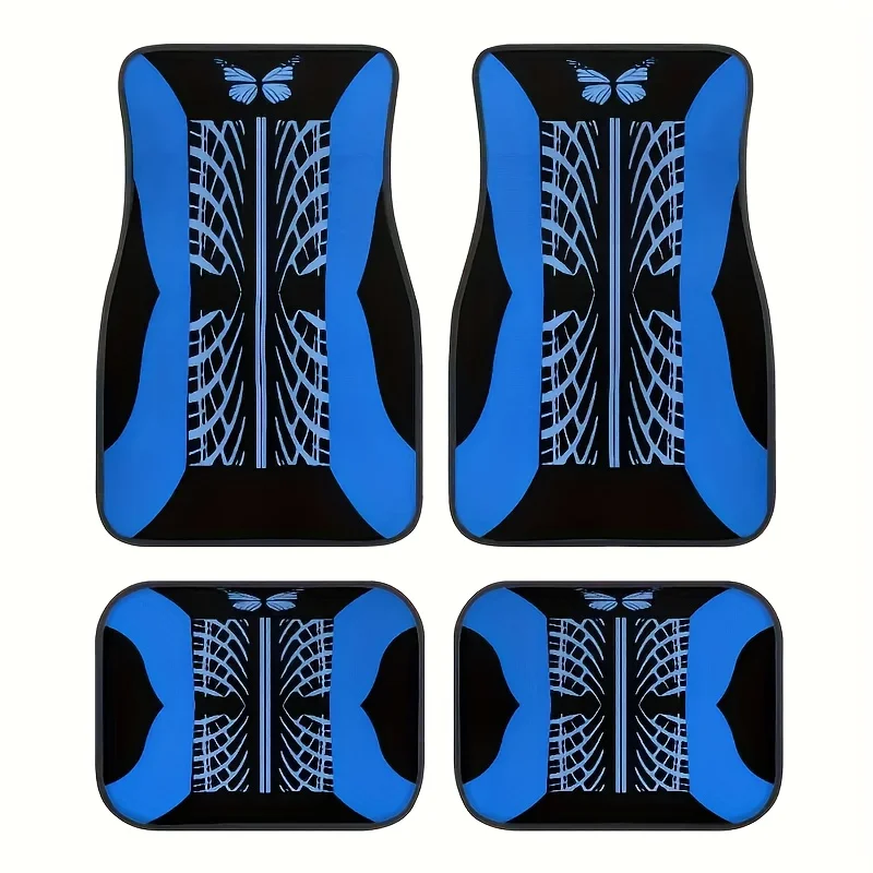 1 Set Of 4pcs, Original Encounter Of Dynamic And Fashion - Blue And Black Butterfly Print Car Floor Mats Set, Suitable For Cars,