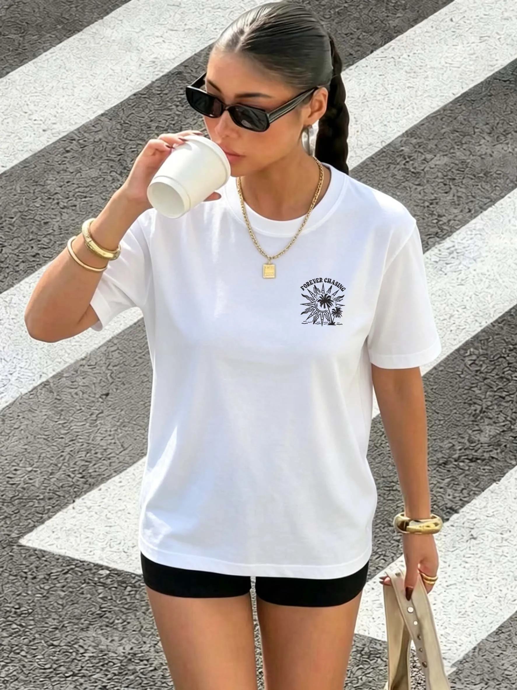 Retro FOREVER CHASING SUNSETS Double-Sided Print Cotton T-Shirt Women Loose Tops