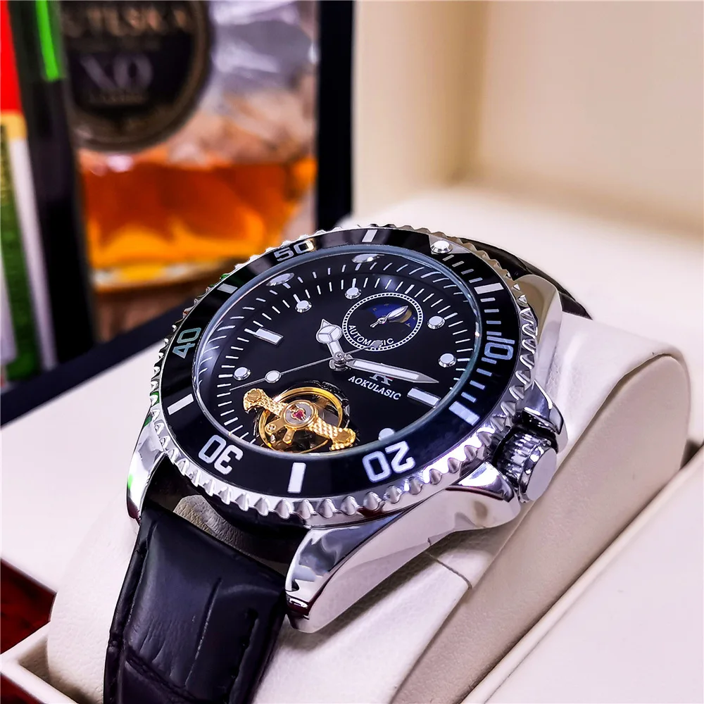 AOKULASIC Classic Business Watch for Men Tourbillon Moon Phase Skeleton Automatic Mechanical Watches Rotating Bezel Leather Belt