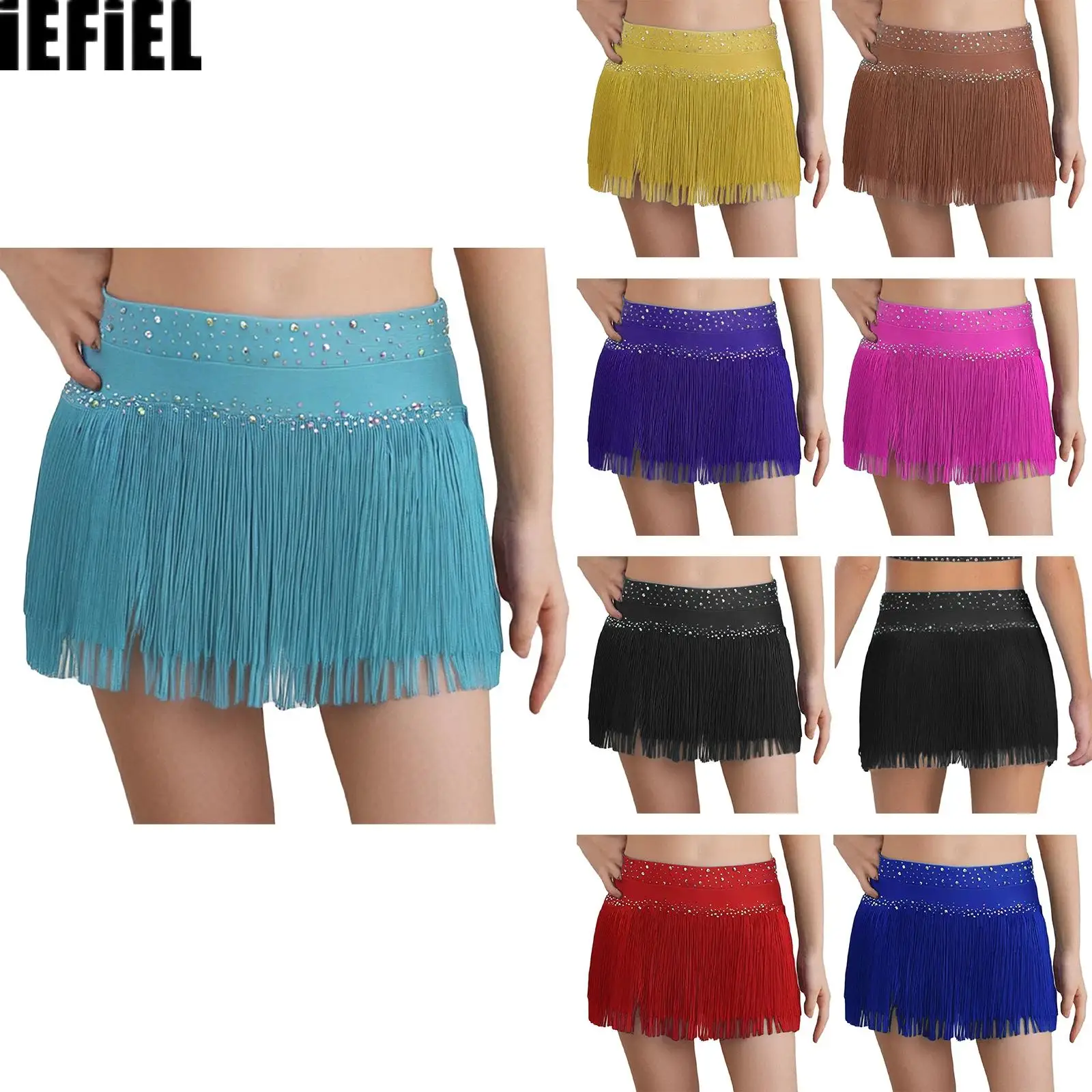 

Kids Girls Tassel Latin Dance Skirts Sparkling Rhinestones Briefs Skirt Solid Color Skirt for Stage Performance Dancewear