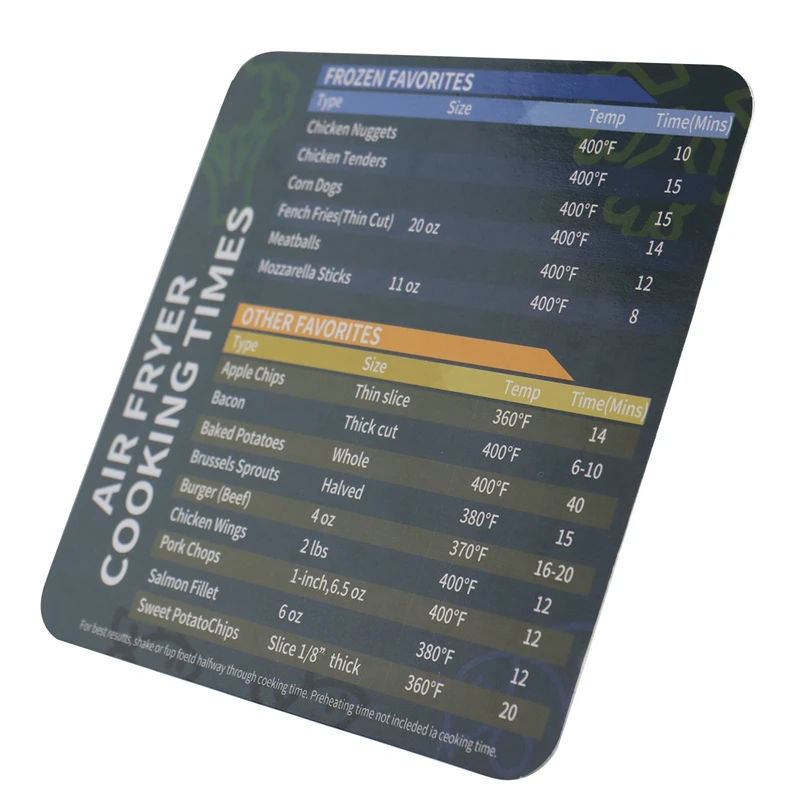 Accesorios Tiempo de cocción, Diagrama de freidora de aire Placa magnética: Guía de referencia rápida para cocinar y freír