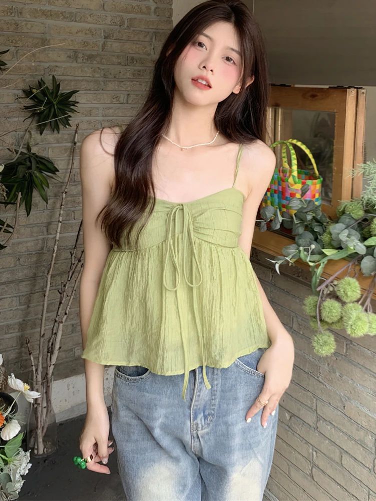 Women Linen Sweet Babydoll Ruffle Crop Sleeveless Top Thin Strap Front Bow Ties Flowy Camis Female Korean Tank Top