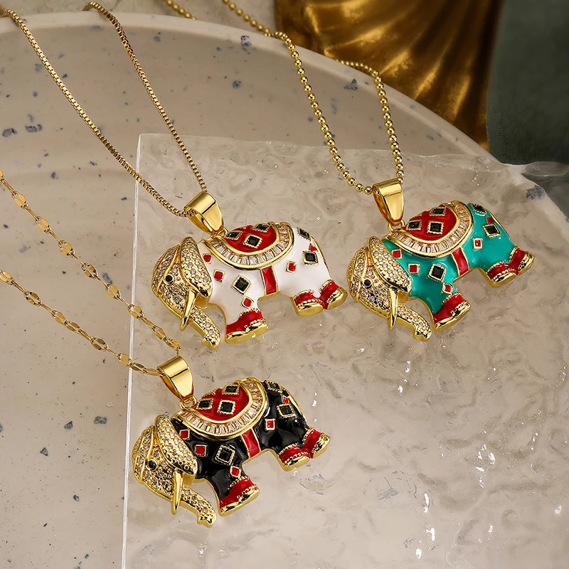 GANPUP Stilvolle Emaille-Elefanten-Zirkon-Anhänger-Halskette für Damen, Modische 18K Gold PVD-beschichtete Schlüsselbeinkette, Choker-Schmuckgeschenk – Detail 2