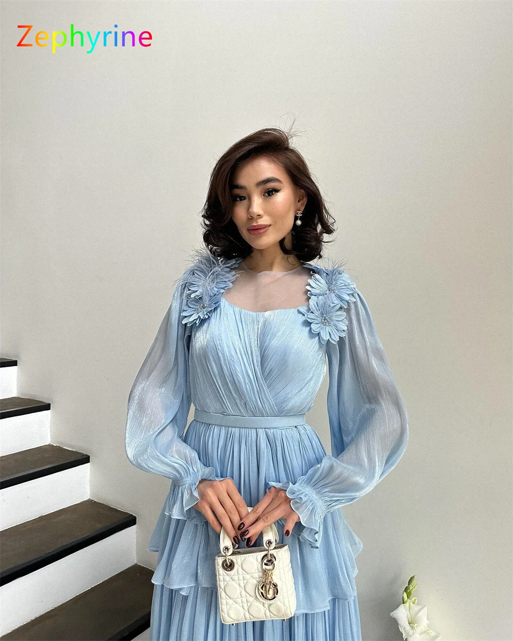 Customized Simple Blue Chiffon Evening Dress Exquisite Square Collar Long Sleeves Homecoming Dresses Fashion Vestido De Festa