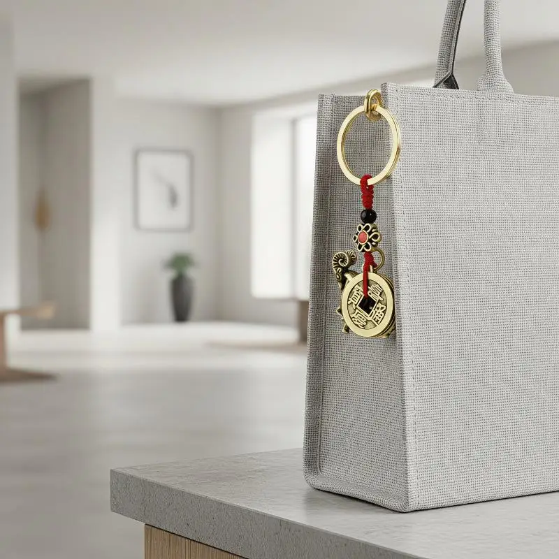 Retro Solid Brass Goat Keychain Auspicious Chinese Lucky Coins Key Holder for Car Hanging Decor Commemorative Souvenir