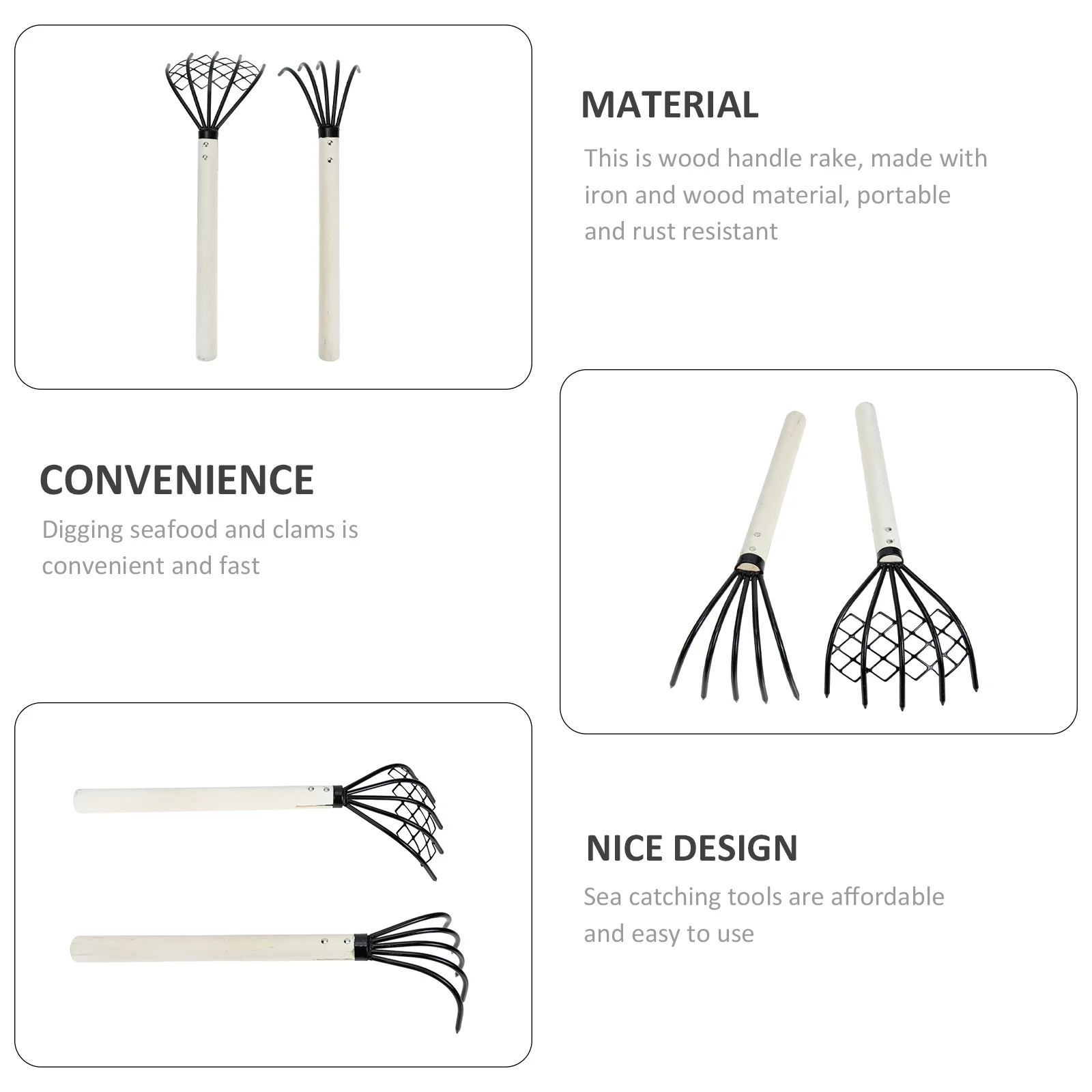 2Pcs Clam Rake Ergonomic Wood Handle 5 Tine Claw Rake Dig Seafood Tool Beach Essential Hand Tool Beach Essentials