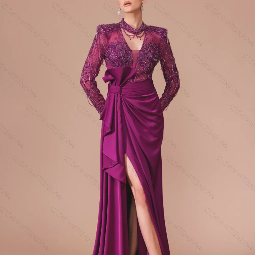 

Purple High Neck Slit Long Sleeves Prom Dress Fashion Party Floor Length Lady High-end Formal Evening Gowns